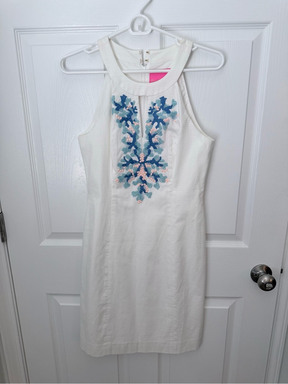 Lilly Pulitzer- Jena Stretch Shift-  White Mini Dress with Blue and Pink